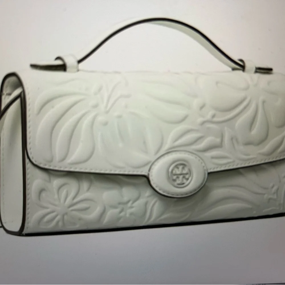 Tory Burch Robinson Embossed Floral Bag Blanc Leather New $340 - Picture 5 of 5